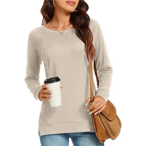 Women’s Long Sleeve Side Split Tunic Top - Loose Crewneck Sweater - Picture 2 of 6